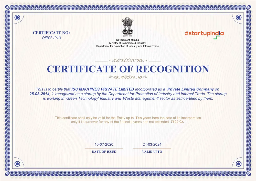 DPIIT recognition certificate for ISC Machines Pvt Ltd, reference DIPP31913